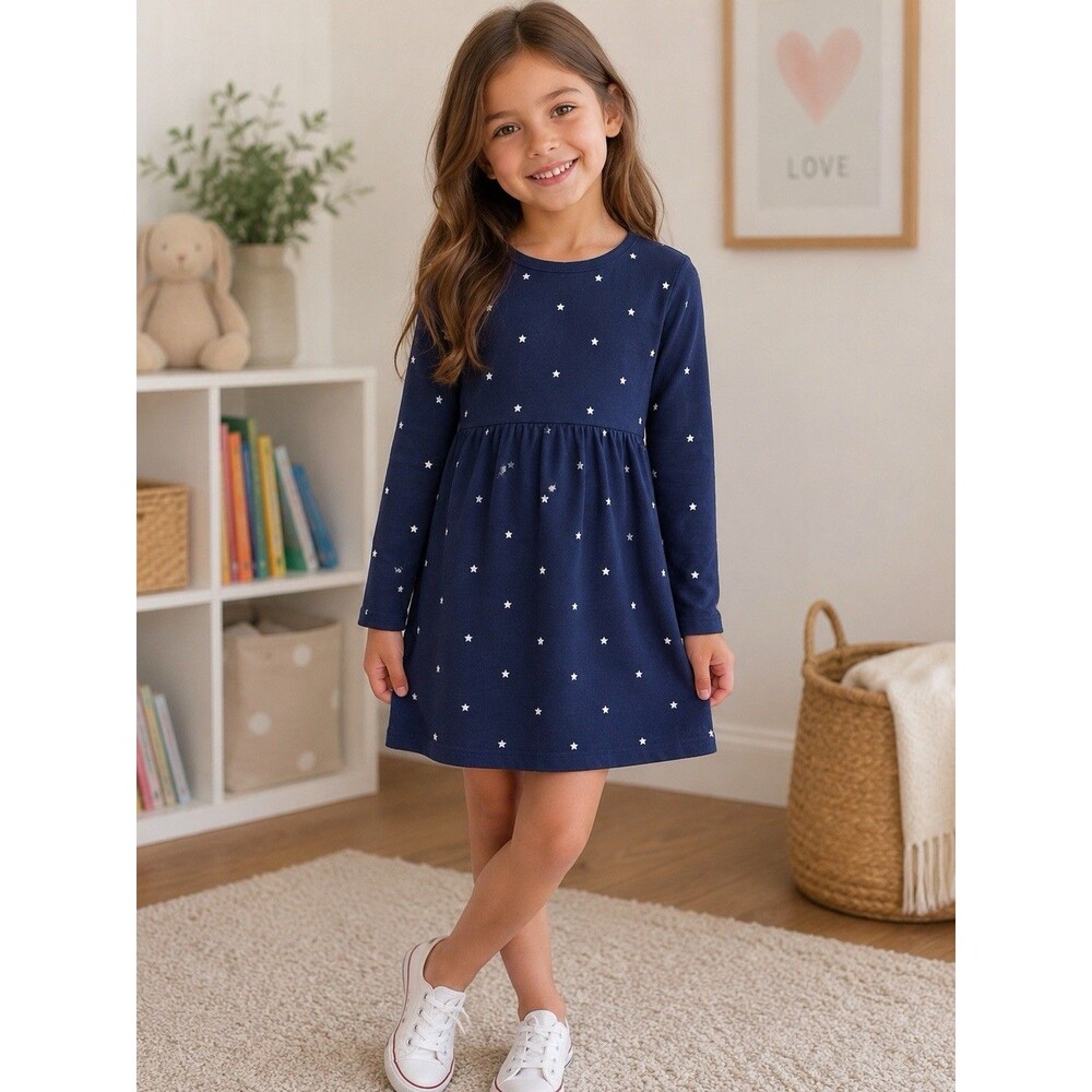 Gap Kids Girls Long Sleeve Cotton Casual School Skater Dress Star Print S 6-7